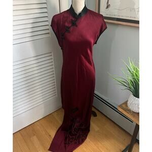 Vintage BENJAMIN A Dress Womens 12 Burgundy Satin Maxi Gown Mandarin Collar 80s